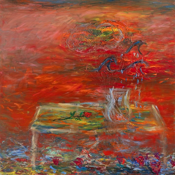 Kukkia joiden nimet ovat Meri, Tuuli, Sade, Pilvet ja Aurinko — 180 × 180 cm, oil on canvas, 2025