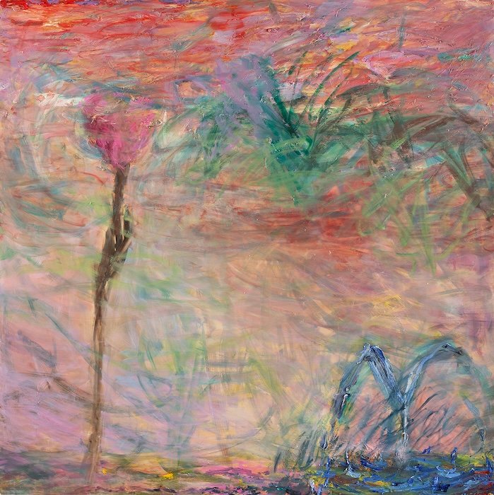 Maria hoitaa puutarhaani — 180 × 180 cm, oil on canvas, 2025