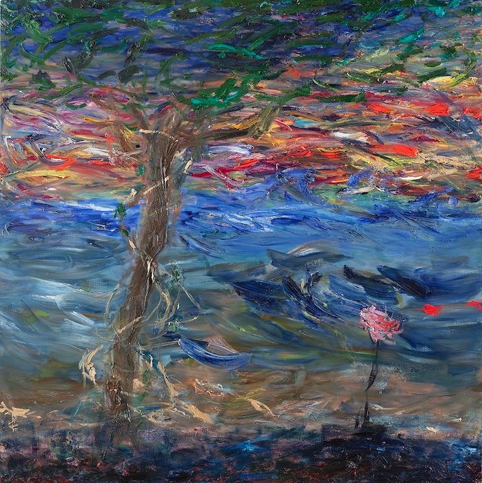 Kun tuuli tuli kylään — 160 × 160 cm, oil on canvas, 2025